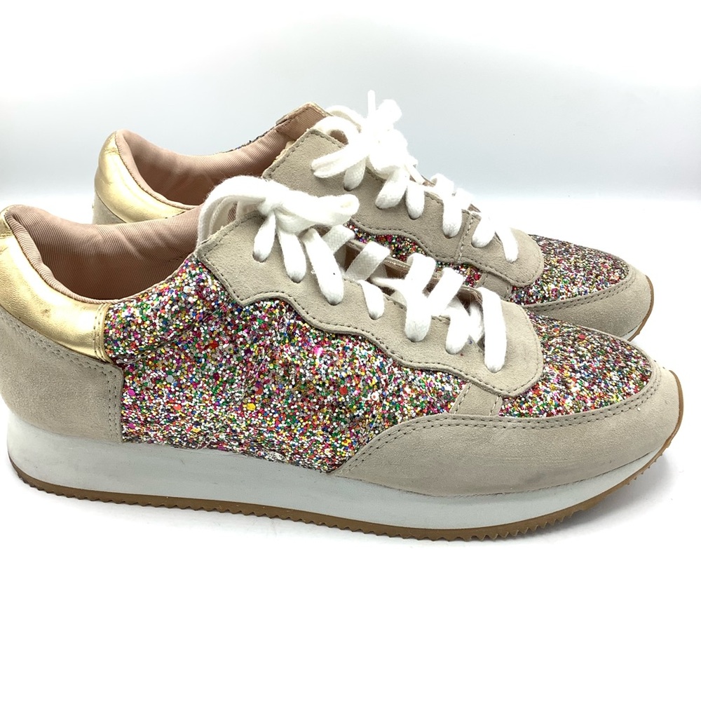 kate spade Beige Suede Sneakers with Multicolor Glitter & Gold Accent - Picture 3 of 8